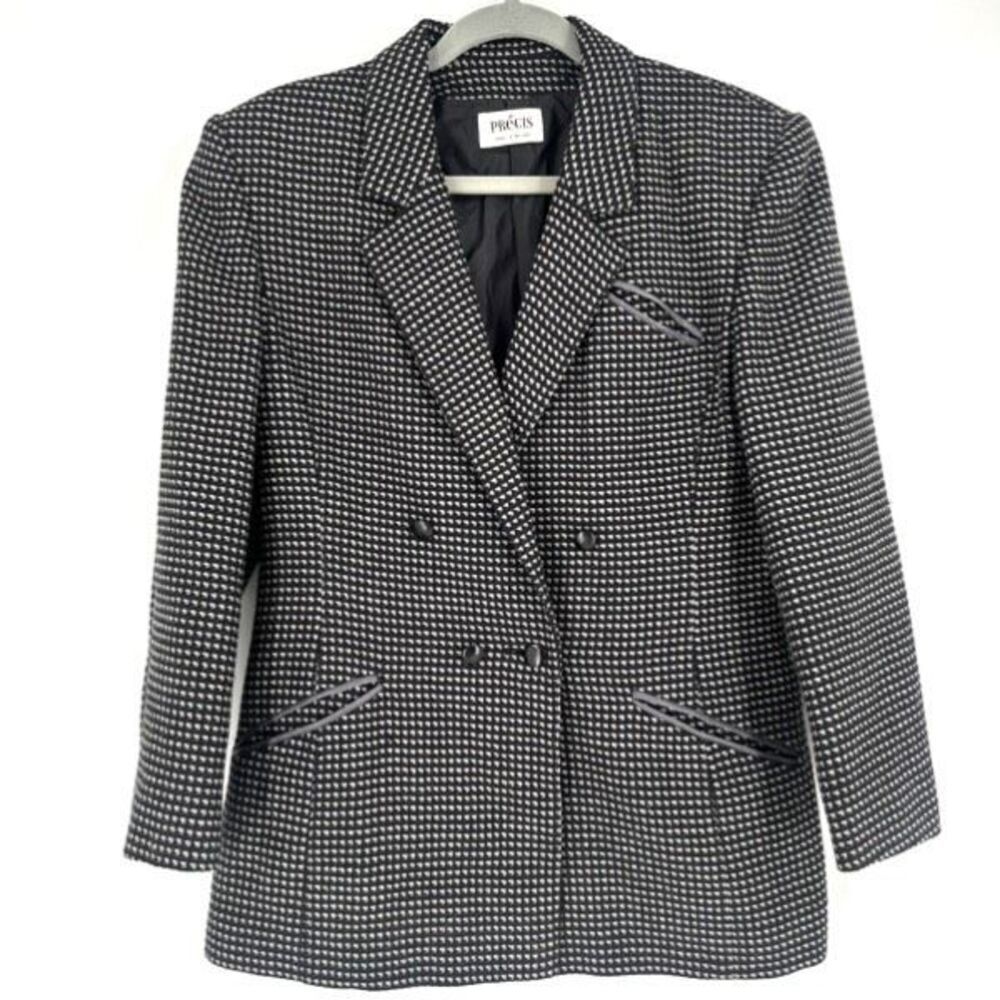 Vintage Precis Women's Houndstooth Double Breasted Blazer Jacket Black White 12